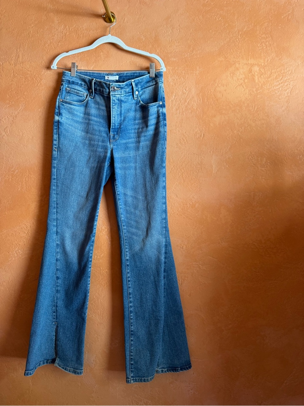 Good American Blue Denim Flare Jeans split flare